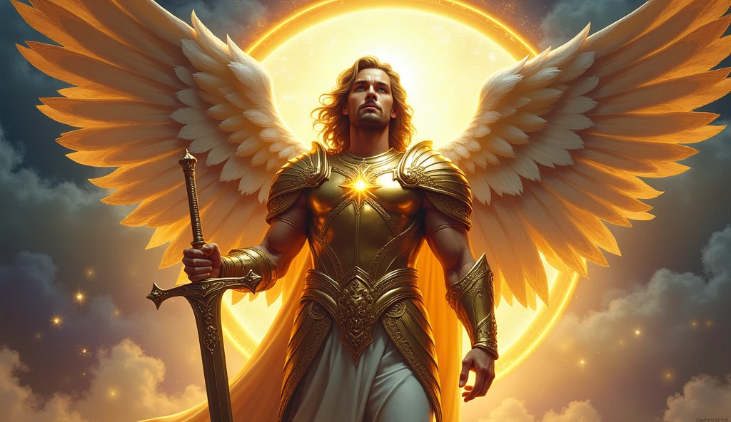 A close-up, dramatic, and mystical depiction of Archangel Michael standing in front of a glowing, ethereal portal. Archangel Michael is shown with a powerful, commanding presence, adorned in radiant, golden armor. His face is serene yet strong, and he holds a gleaming sword, symbolizing protection and divine strength. Large, shining wings partially visible, with intricate feather details. The background features a cosmic landscape with deep blues and purples, a starry expanse with faint nebulae. The portal behind him emits a celestial, golden light, creating an aura of divine authority and spiritual significance. Highly detailed, epic, cinematic, and awe-inspiring.