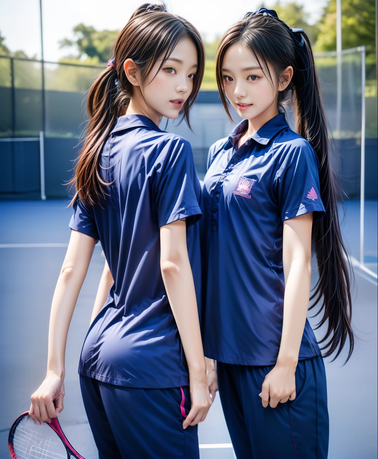 3 girls play tennis at tennis courts, Navy blue short-sleeved shirt,Navy Long Trackpant,Sweatpants, Sweatpantsขายาว,2 girl, lesbian, sexy, exercise clothes, wet body, exercise clothes