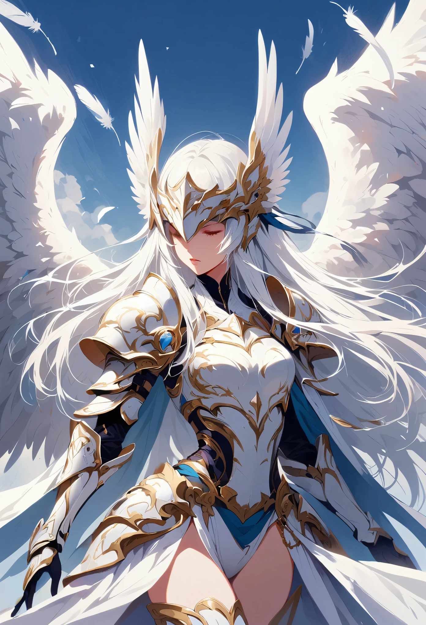 1girl angel angel_wings armor feathers_Long wing feathers_Hair Shoulder Armor Shoulder_Armor single piece_Upper wing separation_The body is white_Theme blue_Wings Wings Leg Armor