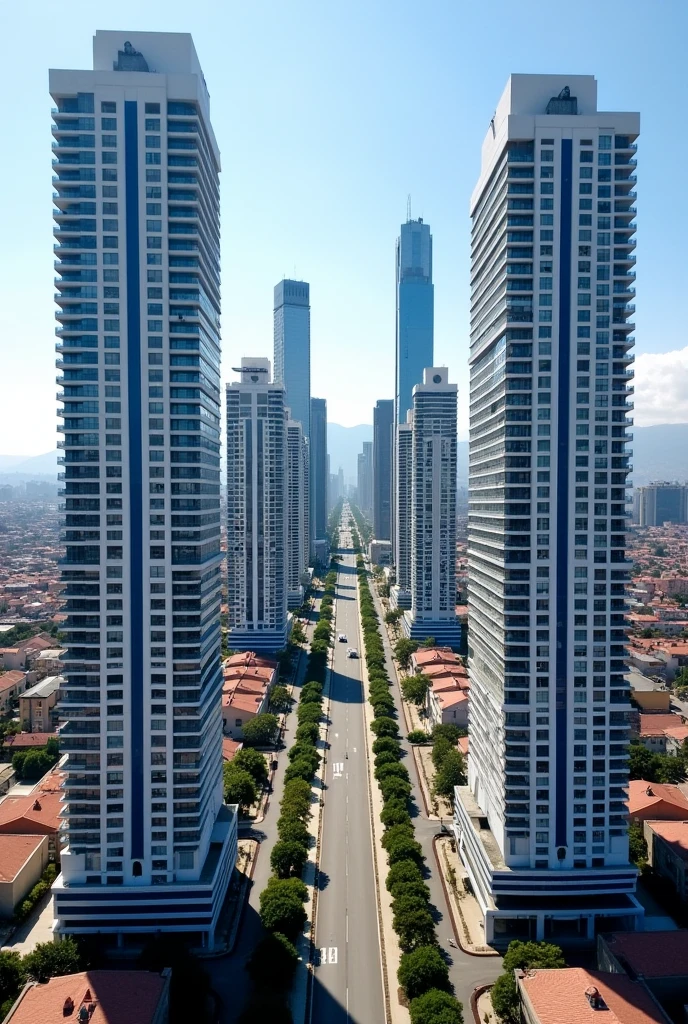 Create an aerial image of an avenue in the city of Arequipa, highlighting skyscrapers that stand out between simpler houses. In the foreground, it shows the following skyscrapers: 5 residential buildings**: white with blue stripes. 3 office buildings**: with reflective facades. 4 hotel and commercial buildings**: with an elegant and striking design. Make sure the skyscrapers have enough separation between them and are the main focus of the image. The surroundings should be less prominent and less detailed.