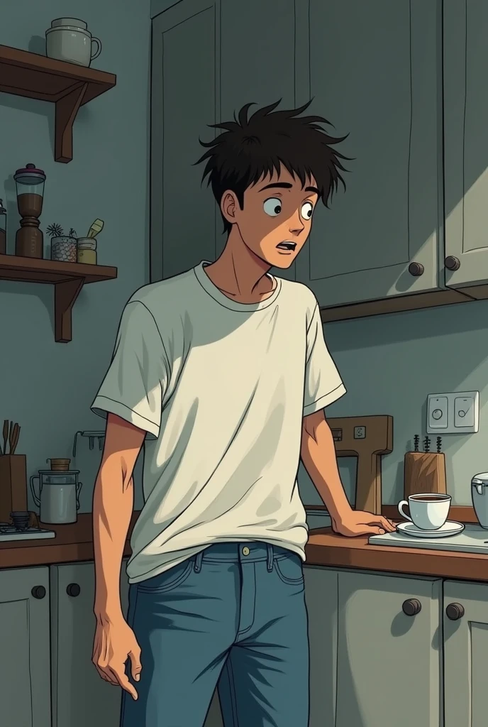 (minimalistic drawing)(dark little color)(young skinny messy hair )(Whiteshirt)(blue pants)the young man is in his kitchen drinking coffee and hears a very loud noise and spills the coffee
