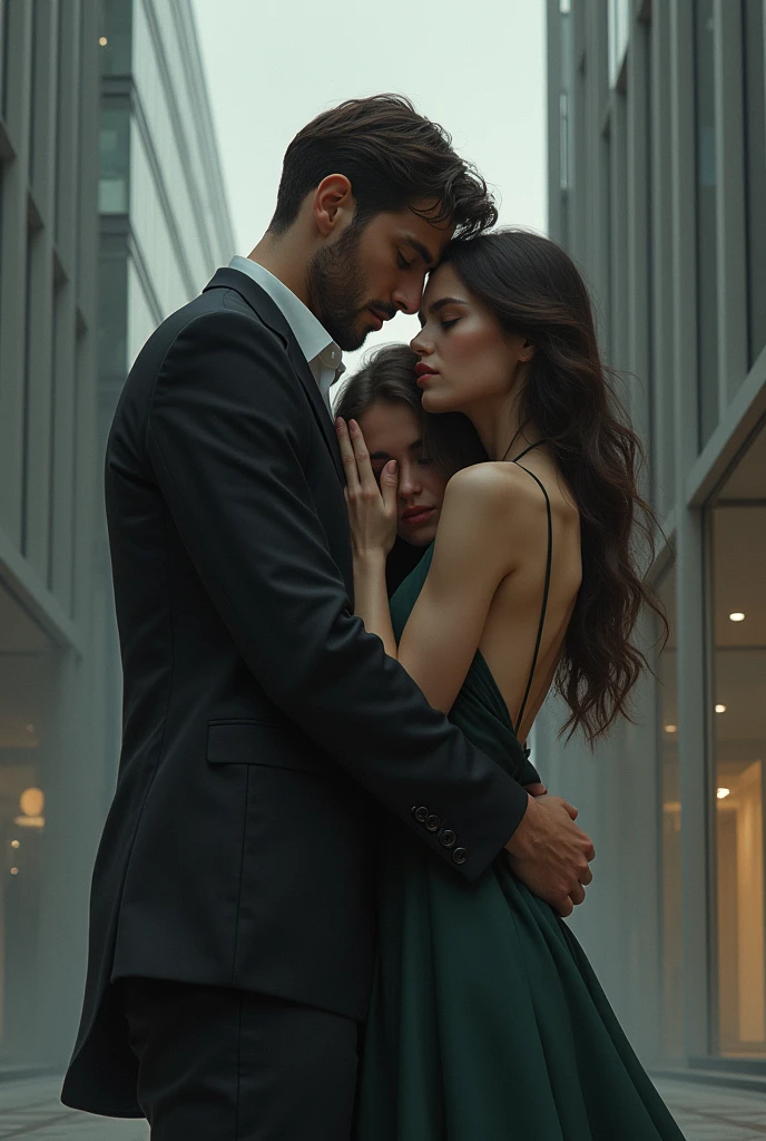 In front of a modern building, a man hugs a woman while at the same time holding the hand of another woman who is behind him.