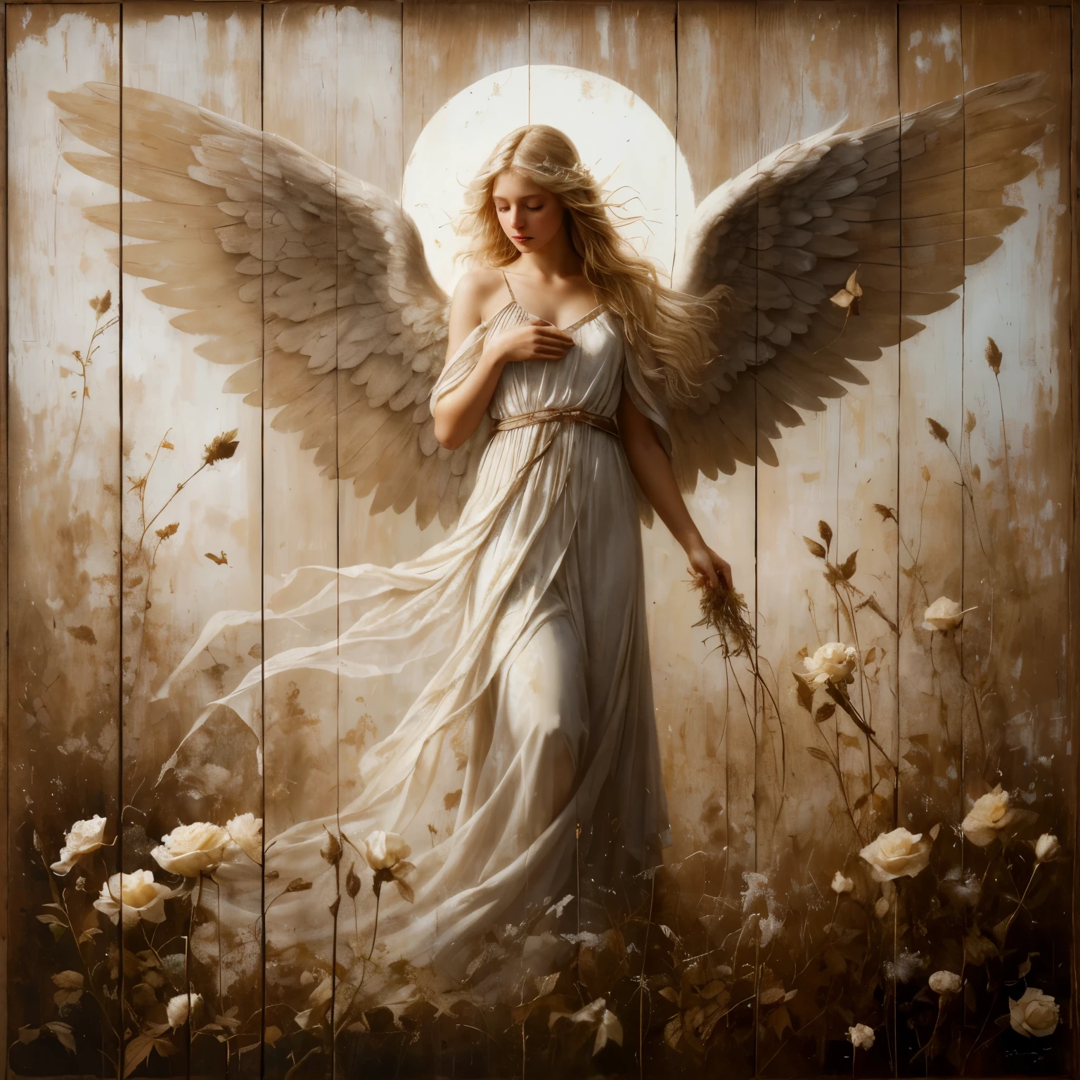 the angel is an weathered peeling image painted on an old peeling wooden sign, static, haze, cracks worn patches, weathered painted image of blonde haired angel, standing on a battle field holding a butterfly bringing life back into it weathered painting on a old wooden sign board, wearing a transparent Voile dress, wooden sign-board style, paper roses, paper wings, scroll work, designs, flacking paint dried plants, simple background, photorealistic, perfect, oilpainting, photorealistic, In a sublime portrayal, an angel draped in a pristine, luminescent cloak captivates the viewer. The ethereal being is depicted in a striking painting, which precisely highlights the angel's purity and radiance. Resplendent with heavenly beauty, the cloak glistens with a glossy sheen, reflecting divine light. The delicate feathers that adorn the angel's wings possess a remarkable softness and grace, seemingly untouched by earthly impurities. This awe-inspiring image evokes beautiful blonde girl