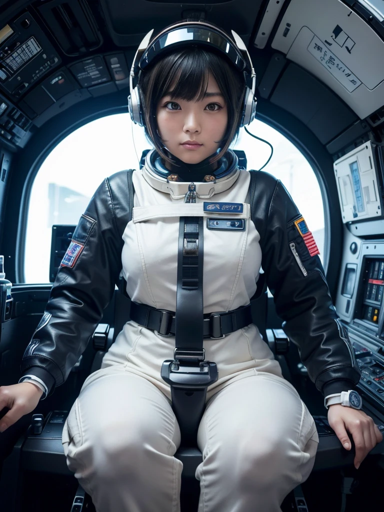 masterpiece, Highest quality, Very detailed, Japanese Android girl, Beautiful 2 Japanese woman, Plump,Control panel,Android,cyborg,Blunt bangs,Sitting in the cockpit of a spaceship and piloting it,The control stick is in the center of the seat.,astronaut,Secured to the seat with a thick harness,Full-face helmet,