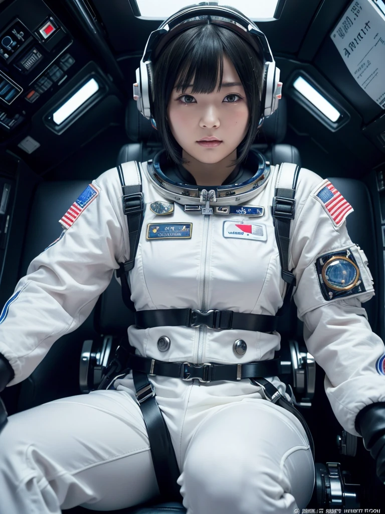 masterpiece, Highest quality, Very detailed, Japanese Android girl, Beautiful 2 Japanese woman, Plump,Control panel,Android,cyborg,Blunt bangs,Sitting in the cockpit of a spaceship and piloting it,The control stick is in the center of the seat.,astronaut,Secured to the seat with a thick harness,Full-face helmet,