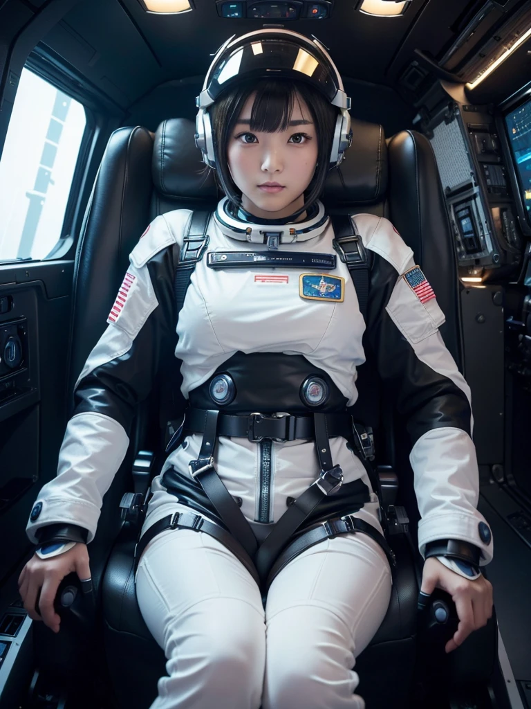 masterpiece, Highest quality, Very detailed, Japanese Android girl, Beautiful 2 Japanese woman, Plump,Control panel,Android,cyborg,Blunt bangs,Sitting in the cockpit of a spaceship and piloting it,The control stick is in the center of the seat.,astronaut,Secured to the seat with a thick harness,Full-face helmet,