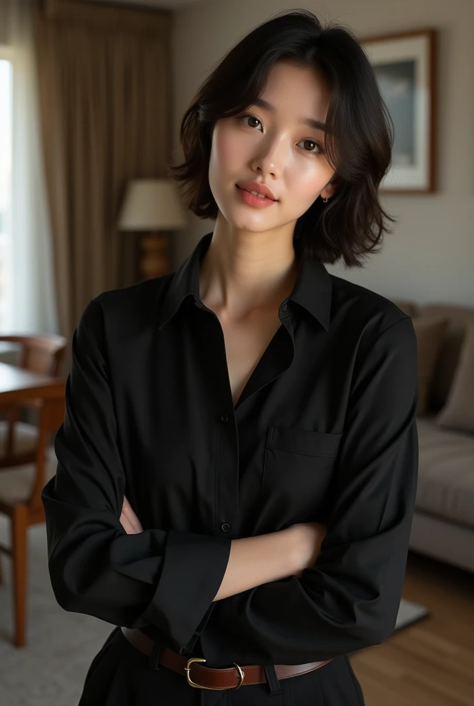 ((Plain black shirt and trousers:1.4)),((Japanese women:1.3)), ((living room:1.2)),(Perfect ???????:1.4)、 (4:1.4)、(Licking your lips:1.4)、(Big Breasts:1.4)、((Arms crossed:1.4))、((View your viewers:1.4)),((Amorous smile:1.4))、RAW Photos, Highest quality:1.4),Japanese, Beautiful Face,(True Face:1.4),Beautiful and delicate eyes,(Genuine Leather: 1.3),Beautiful skins, charm, Ultra-high resolution, Ultra-realistic photos, Golden Ratio, (Detailed face: 1.4)、(stand:1.5), (We exhibited ),((View from below))