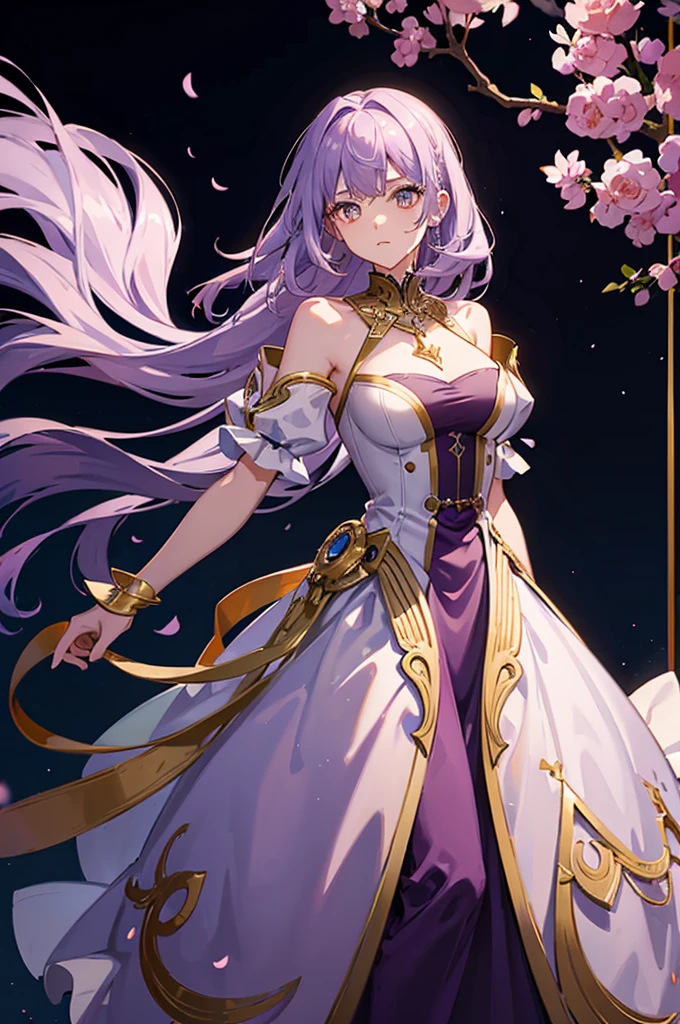 1 woman, light purple hair, golden eyes, dress, standing on ground, high res, ultra sharp, 8K, masterpiece