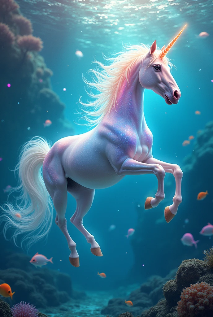 unicorn with colors and flying in the water
