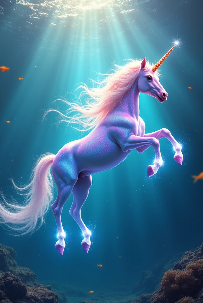 unicorn with colors and flying in the water