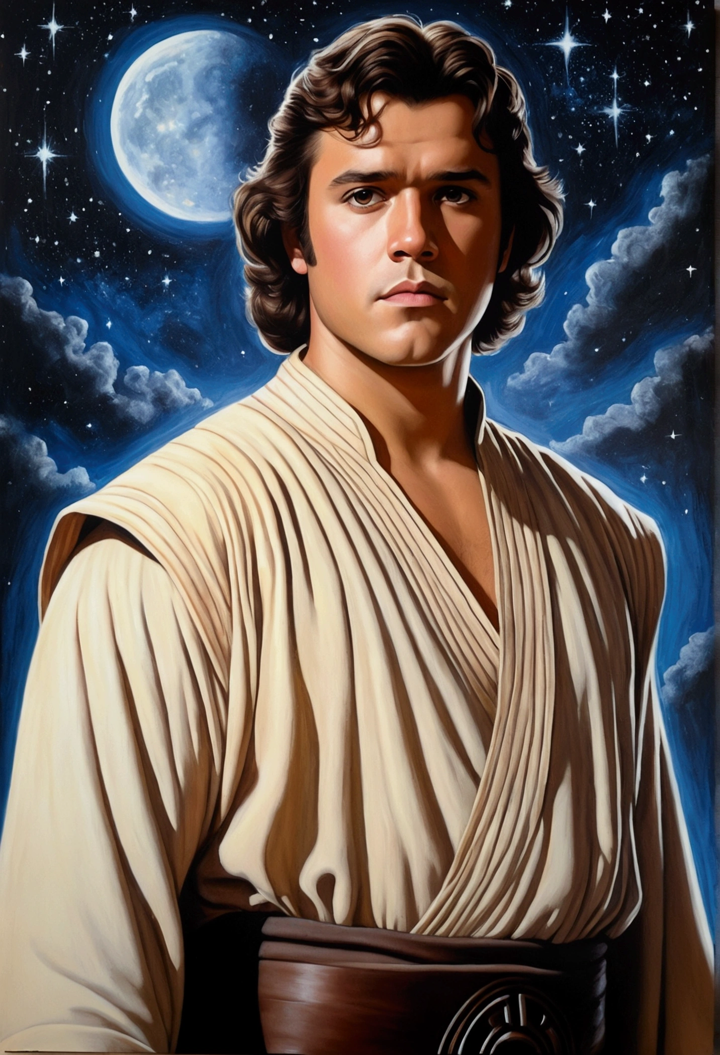 An illustrated movie poster, hand-drawn, full color, a Jedi Knight, 25-years-old, male, wearing a tunic shirt, portly figure, broad shoulders, muscular, hairy body, lost of body hair, brown eyes, brown-black hair, curly voluminous mane, sun-tanned skin, resembles Gavin Leatherwood, standing in front of a starry night sky, graphite shading, stencil marks, airbrushed acrylic paint, masterpiece, in the style of Drew Struzan