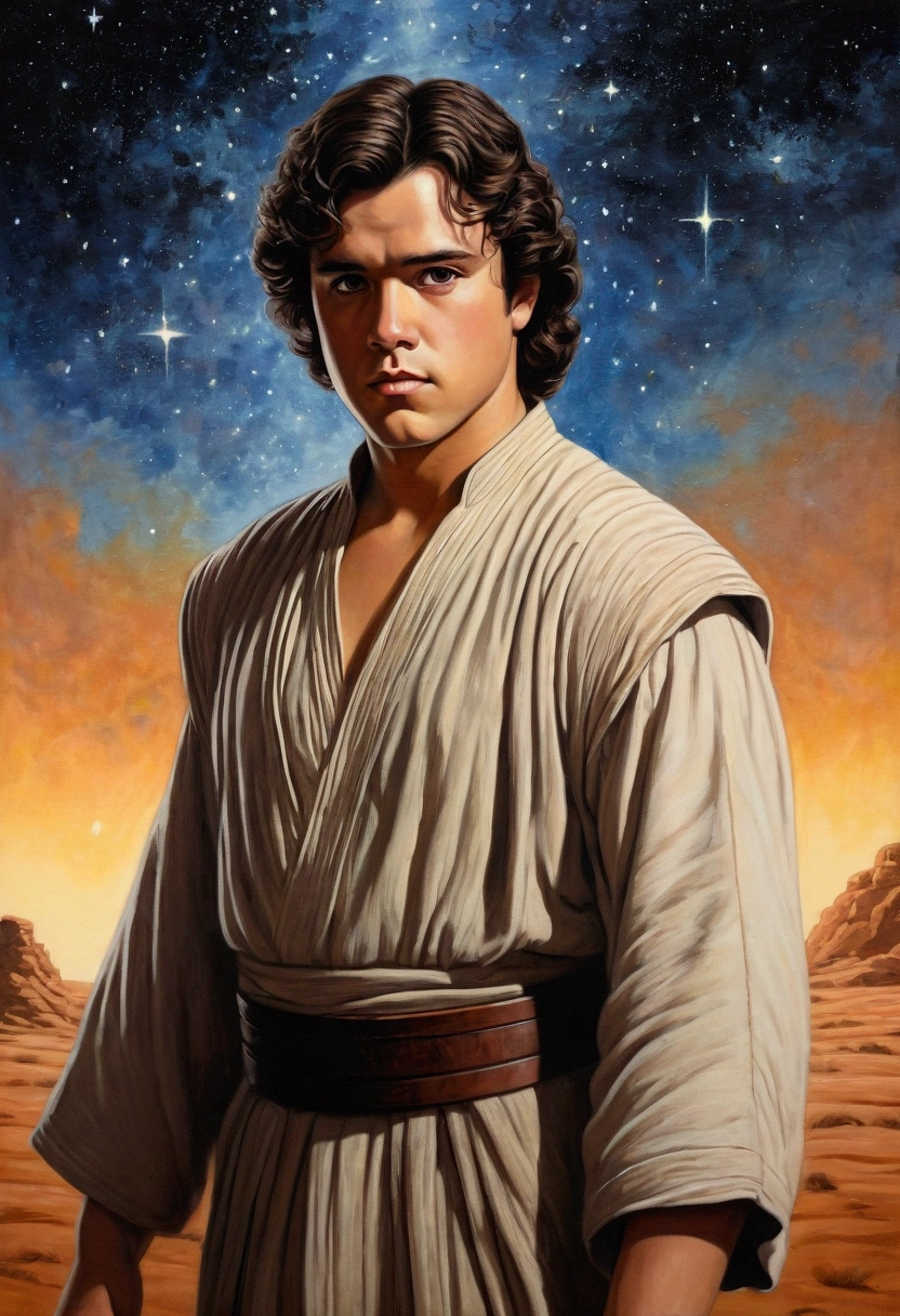 An illustrated movie poster, hand-drawn, full color, a Jedi Knight, 25-years-old, male, wearing a tunic shirt, portly figure, broad shoulders, muscular, hairy body, lost of body hair, brown eyes, brown-black hair, curly voluminous mane, sun-tanned skin, resembles Gavin Leatherwood, standing in front of a starry night sky, graphite shading, stencil marks, airbrushed acrylic paint, masterpiece, in the style of Drew Struzan