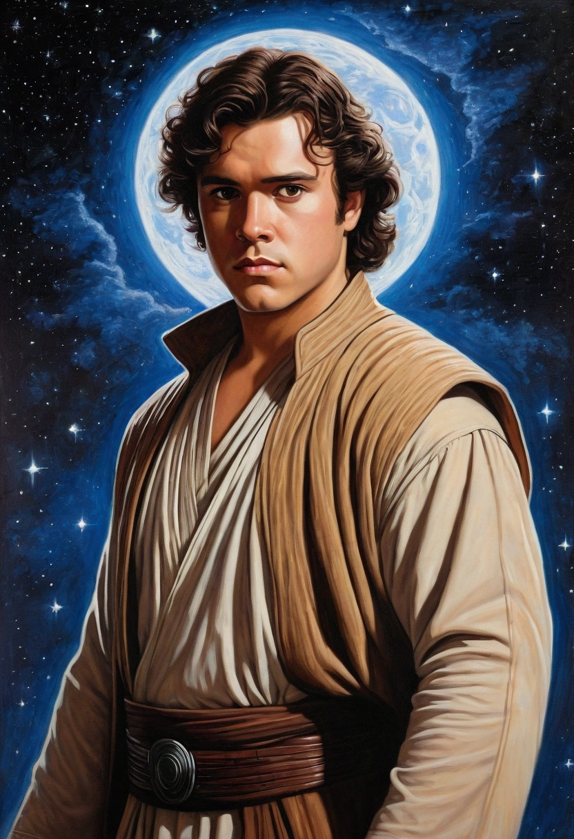 An illustrated movie poster, hand-drawn, full color, a Jedi Knight, 25-years-old, male, wearing a tunic shirt, portly figure, broad shoulders, muscular, hairy body, lost of body hair, brown eyes, brown-black hair, curly voluminous mane, sun-tanned skin, resembles Gavin Leatherwood, standing in front of a starry night sky, graphite shading, stencil marks, airbrushed acrylic paint, masterpiece, in the style of Drew Struzan