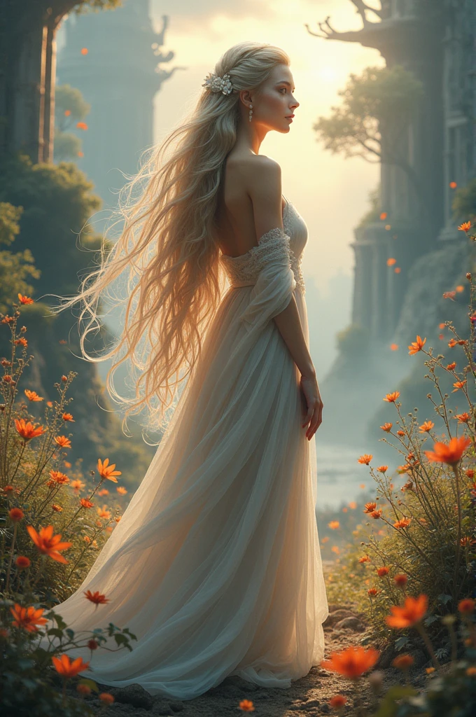 Beautiful long-haired woman in a fantasy world
