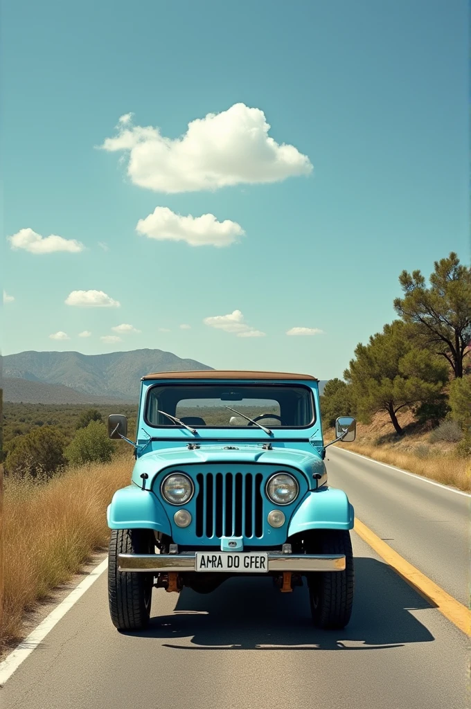 ((best quality)), ((masterpiece)), (detailed), perfect faceClaro, la traducción sería: "a light blue Jeep in the middle of the road."