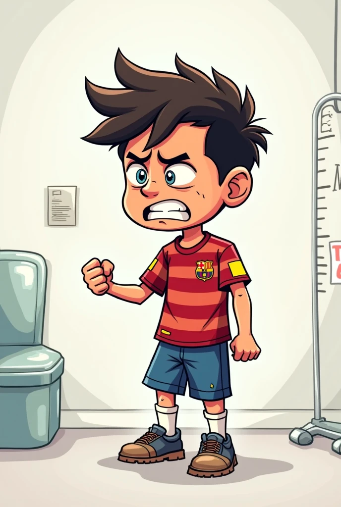 Create me a comic-type image of Messi as a frustrated boy upon finding out he was diagnosed with a growth disorder