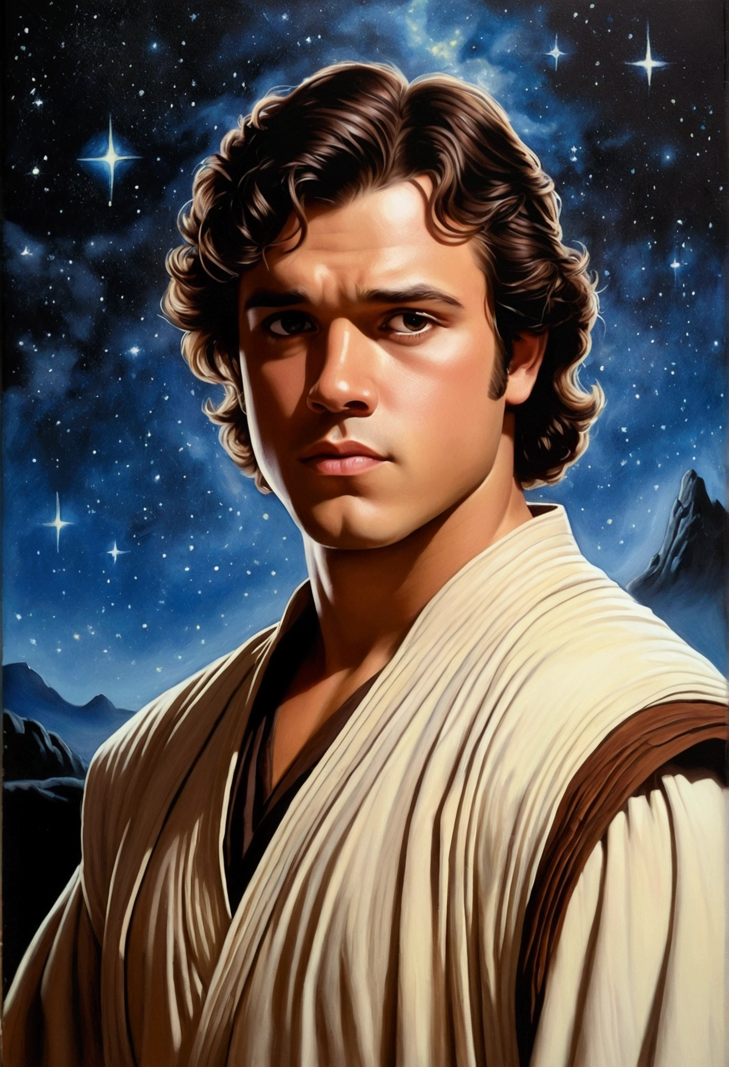An illustrated movie poster, hand-drawn, full color, a Jedi Knight, 25-years-old, male, wearing a tunic shirt, portly figure, broad shoulders, muscular, hairy body, lost of body hair, brown eyes, brown-black hair, curly voluminous mane, sun-tanned skin, resembles Gavin Leatherwood, standing in front of a starry night sky, graphite shading, stencil marks, airbrushed acrylic paint, masterpiece, in the style of Drew Struzan