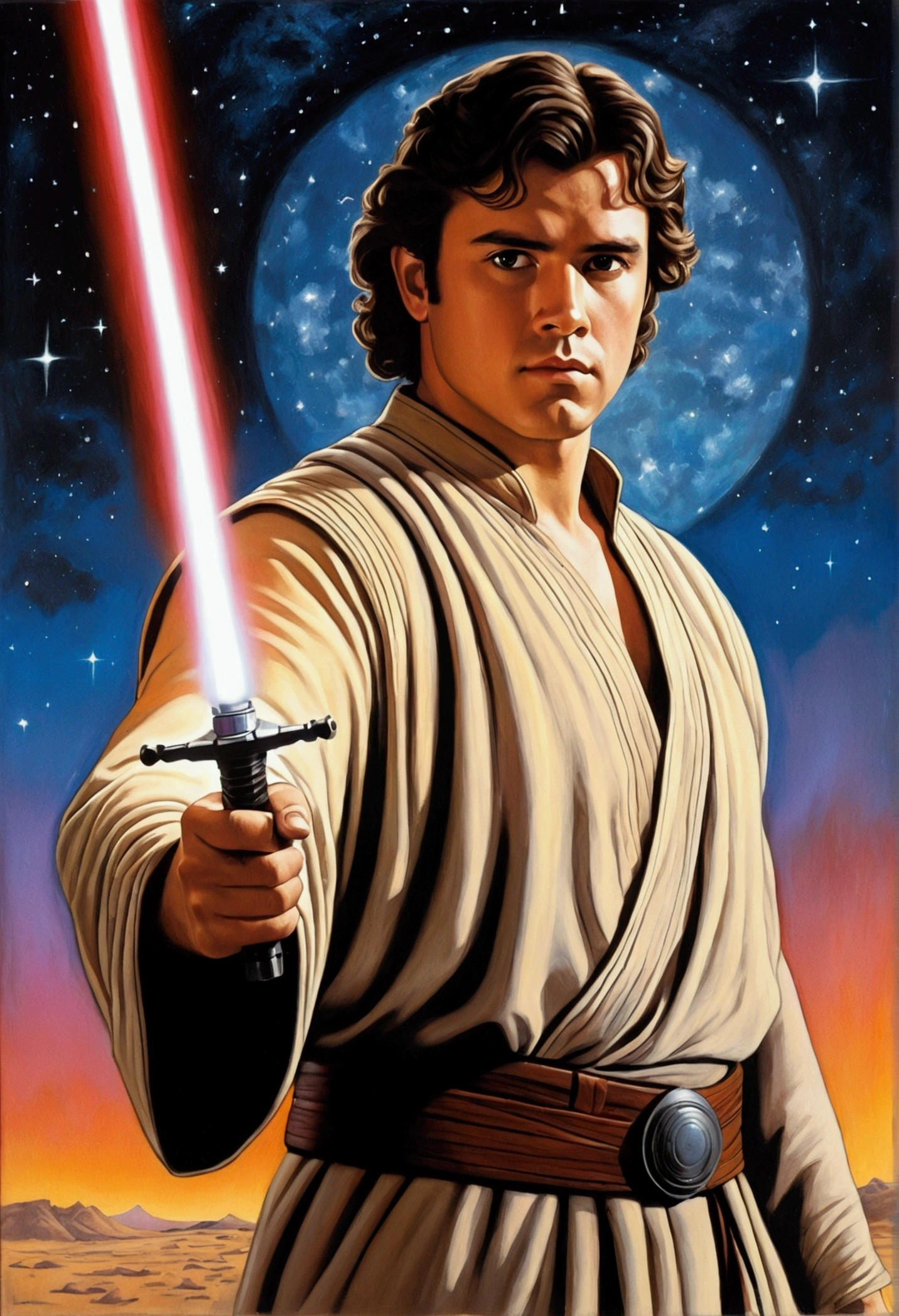 An illustrated movie poster, hand-drawn, full color, a Jedi Knight, 25-years-old, male, wearing a tunic shirt, portly figure, broad shoulders, muscular, hairy body, lost of body hair, brown eyes, brown-black hair, curly voluminous mane, sun-tanned skin, resembles Gavin Leatherwood, standing in front of a starry night sky, graphite shading, stencil marks, airbrushed acrylic paint, masterpiece, in the style of Drew Struzan