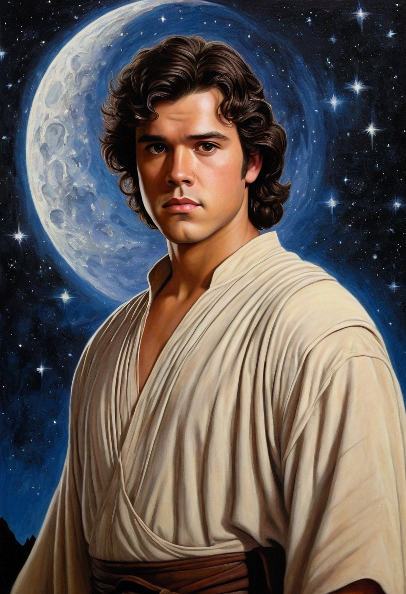 An illustrated movie poster, hand-drawn, full color, a Jedi Knight, 25-years-old, male, wearing a tunic shirt, portly figure, broad shoulders, muscular, hairy body, lost of body hair, brown eyes, brown-black hair, curly voluminous mane, sun-tanned skin, resembles Gavin Leatherwood, standing in front of a starry night sky, graphite shading, stencil marks, airbrushed acrylic paint, masterpiece, in the style of Drew Struzan