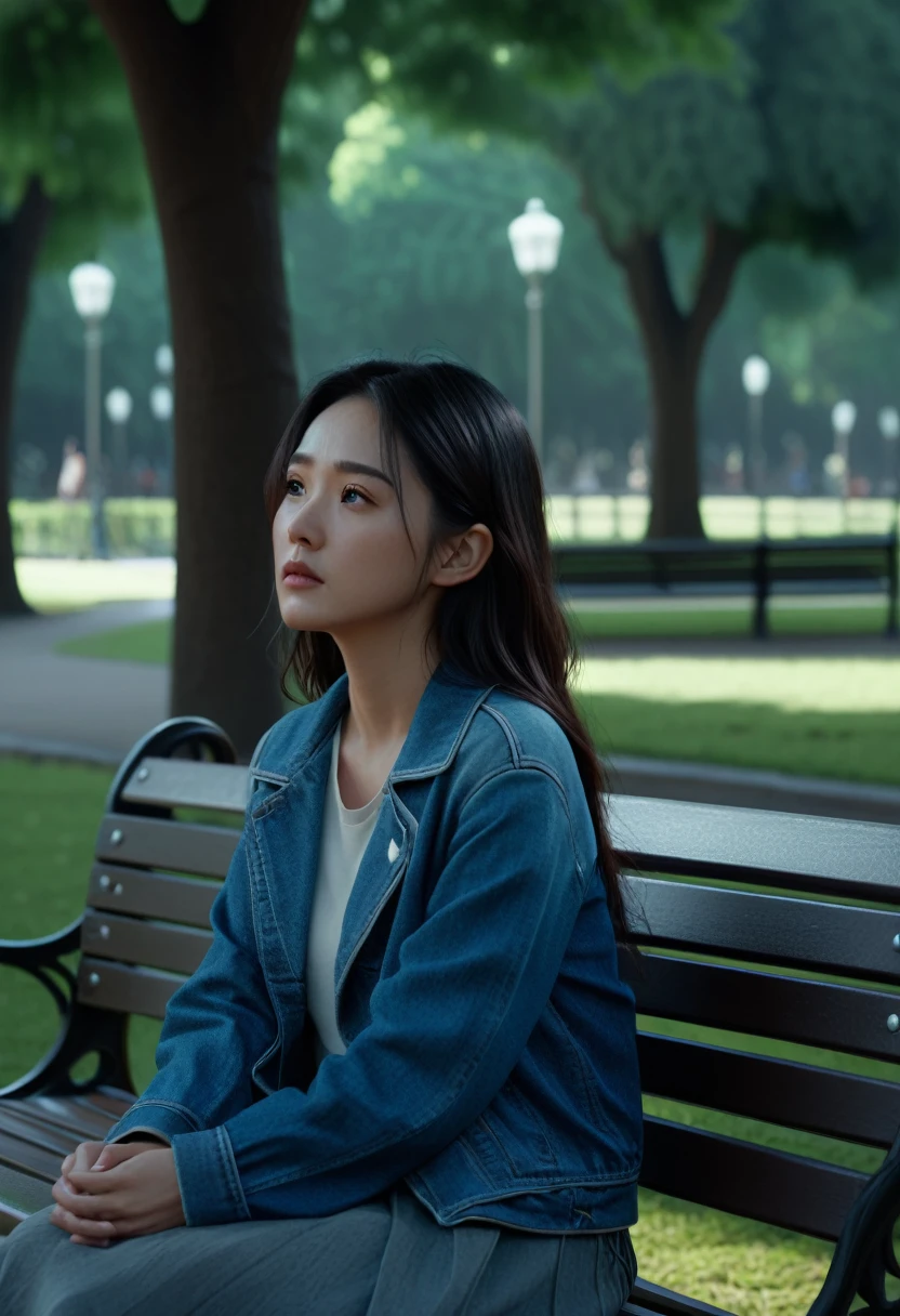 A young Asian woman sitting alone on a park bench, gazing into the distance with a wistful expression, sad, lonely. Soft, dreamy lighting. Cinematic composition. 8k resolution, hyper-realistic style. Cinematic lighting, high detail, 8K, artstation, conceptual art, dark fantasy. Photo taken with Canon EOS R5 85mm f/11 camera, sharp mode. 8K picture quality, realistic, masterpiece, sharpest and highest contrast, excellent depth of field, stereoscopic light.