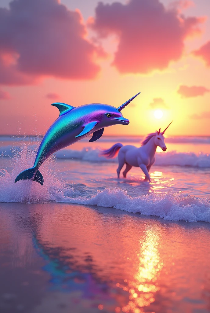 A beach with a pink sunset with rainbow dolphins and unicorns