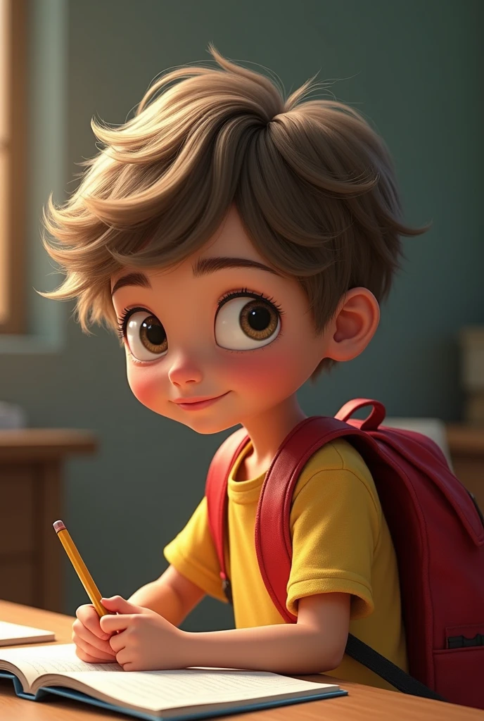 child, skinny,white,light brown wavy hair,with spiderman backpack,yellow shirt, light eyes,round face and big eyes ,sitting studying