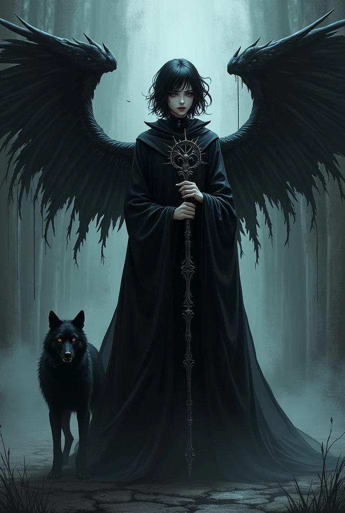 Gothic emo femboy dark wizard with skeleton wing, he has vampire fangs and he has a dark wolf made of darkness that is always with him, he also has a scepter, he has anime features