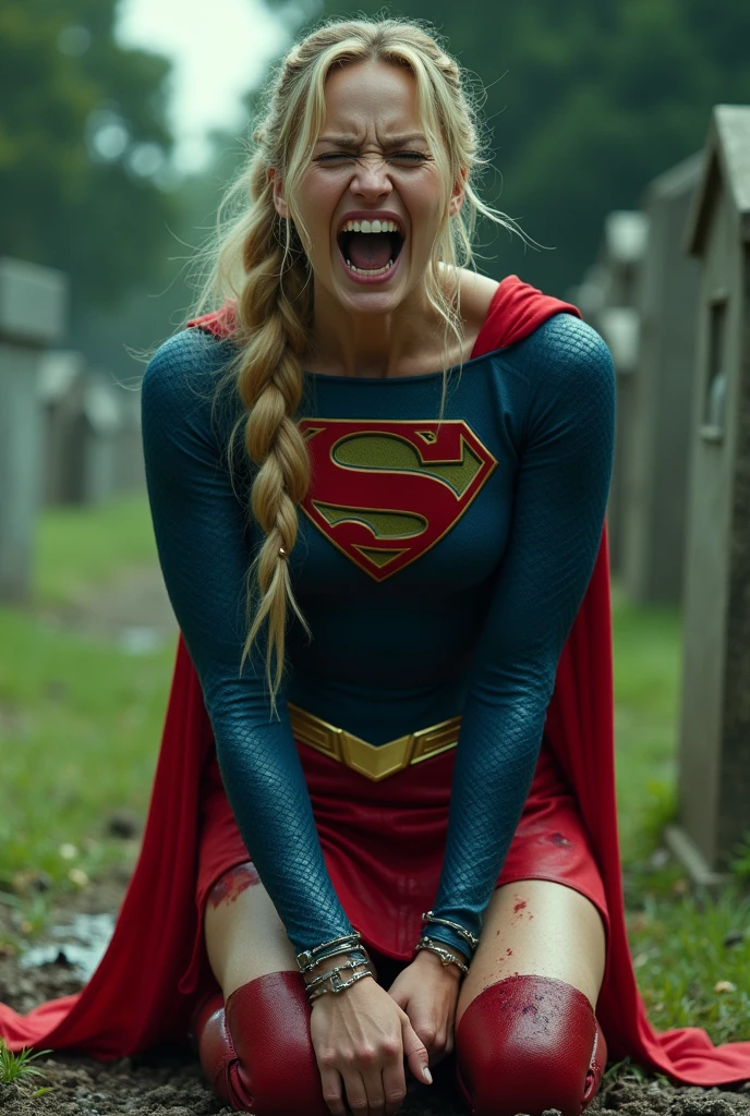 (((De primerísimo primer plano una hermosa mujer de rodillas yelling))),(((Long blonde hair tied up in a braided ponytail))),(((Hair six feet long)))Charlize Theron under the mantle of the Kryptonian Kara zor-El alias Supergirl))),(((On knees gritando de dolor))),(((Blue leather suit with tiny scales on the suit))),(((Red skirt Supergirl emblem on her costume))),(((Silver metal bracelets on their wrists))),(((Long red boots up to her knees))),(((On knees (((yelling))) mortally wounded (((Blood on his chest))),(((Green flourescent kryptonite on the wound))),(((Blood around skulls in cemetery))),(((Green flourescent magic running through all the veins of his body))),(((yelling de dolor))),(((Green flourescent magic around his entire body))),(((hair dragging on the floor)))