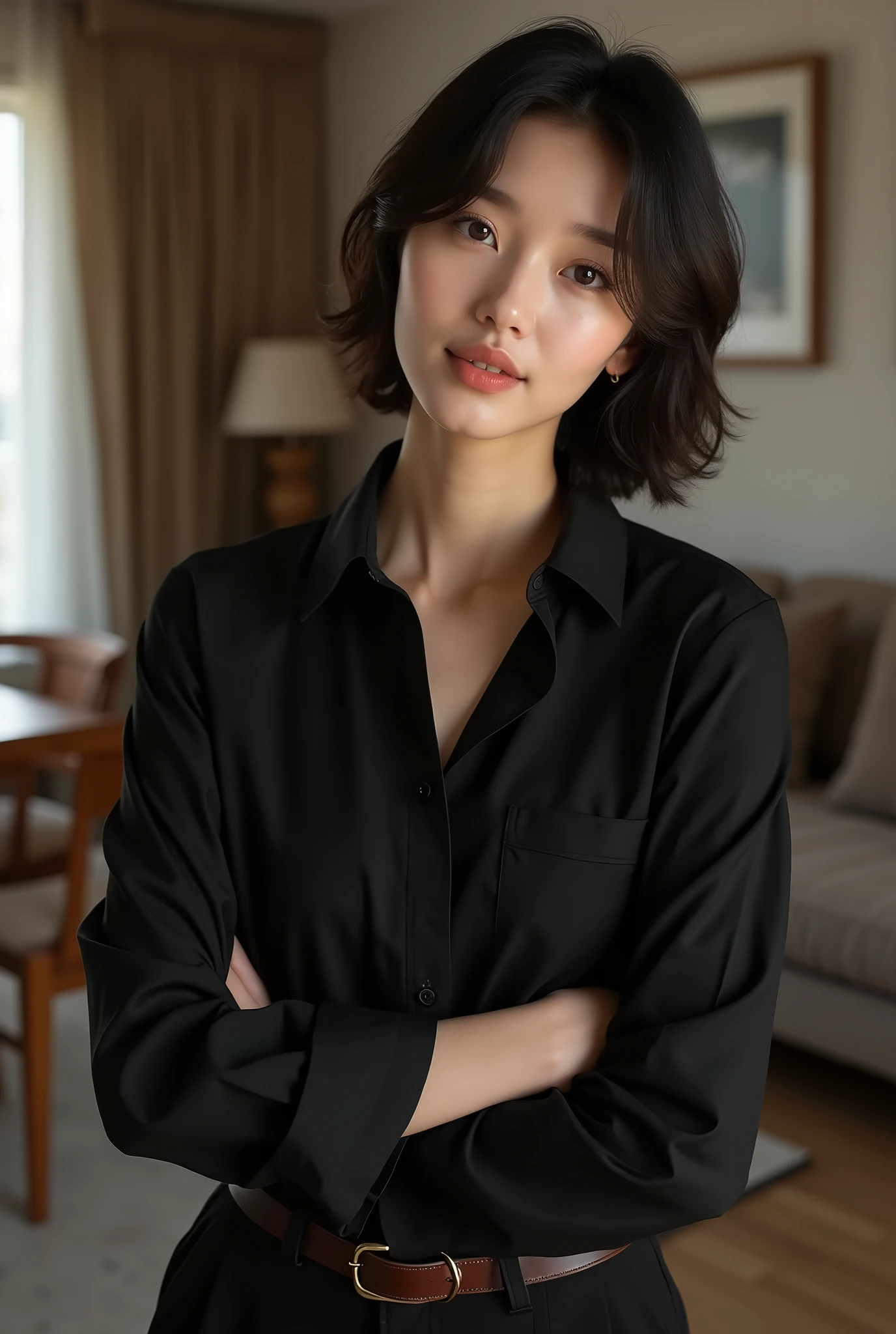 ((Plain black shirt and trousers:1.4)),((Japanese women:1.3)), ((living room:1.2)),(Perfect Anatomy:1.4)、 (4:1.4)、(Licking your lips:1.4)、(Big Breasts:1.4)、((Arms crossed:1.4))、((View your viewers:1.4)),((Amorous smile:1.4))、RAW Photos, Highest quality:1.4),Japanese, Beautiful Face,(True Face:1.4),Beautiful and delicate eyes,(Genuine Leather: 1.3),Beautiful skins, charm, Ultra-high resolution, Ultra-realistic photos, Golden Ratio, (Detailed face: 1.4)、(stand:1.5), (We exhibited ),((View from below))