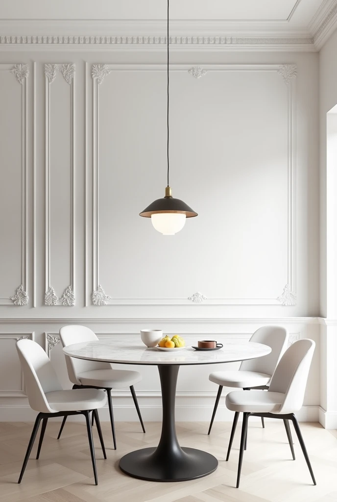 create a realistic photo of a 50m2 apartment decor with white walls, boasserie, thin wall mirrors all around the corner, round marble table, with 5 chairs with a white half-cup chandelier on top