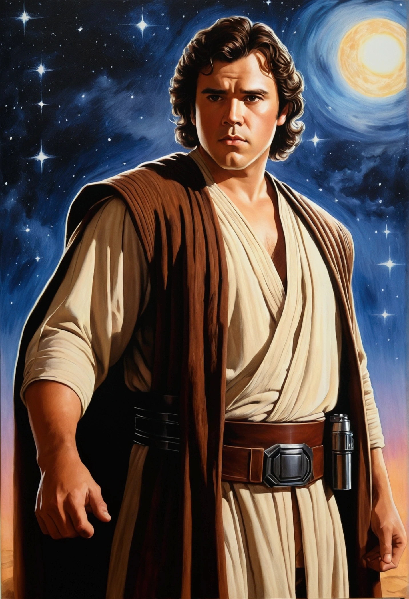 An illustrated movie poster, hand-drawn, full color, a Jedi Knight, 25-years-old, male, wearing a tunic shirt, portly figure, broad shoulders, muscular, hairy body, lost of body hair, brown eyes, brown-black hair, curly voluminous mane, sun-tanned skin, resembles Gavin Leatherwood, standing in front of a starry night sky, graphite shading, stencil marks, airbrushed acrylic paint, masterpiece, in the style of Drew Struzan