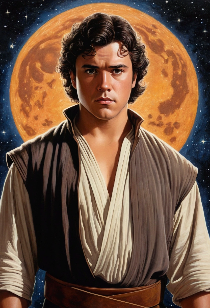 An illustrated movie poster, hand-drawn, full color, a Jedi Knight, 25-years-old, male, wearing a tunic shirt, portly figure, broad shoulders, muscular, hairy body, lost of body hair, brown eyes, brown-black hair, curly voluminous mane, sun-tanned skin, resembles Gavin Leatherwood, standing in front of a starry night sky, graphite shading, stencil marks, airbrushed acrylic paint, masterpiece, in the style of Drew Struzan