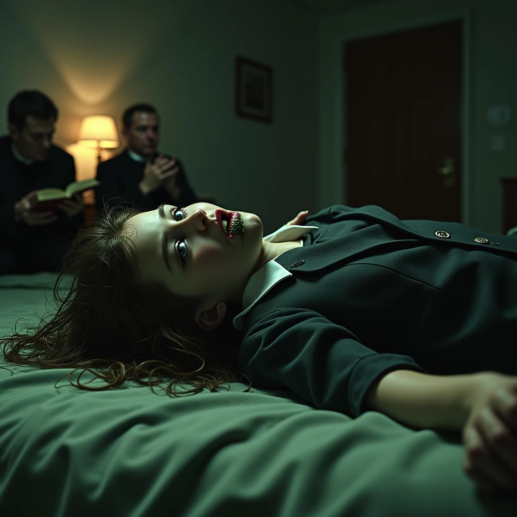 A photorealistic image focused on the scene of the exorcist's girl but taken from a distance, the girl's face looks possessed, lying on a bed in a room set in the 1970s, tied with a rope and next to it are two priests praying and reading the bible. The girl has white eyes, a dirty mouth with thick green liquid coming out of her mouth and her collar and suit are dirty with that liquid, a gloomy face and messy hair, the girl's skin looks somewhat torn.