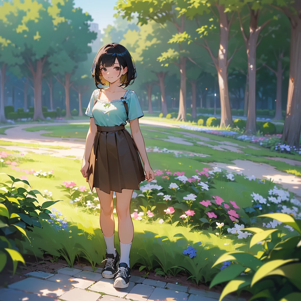 (high quality, High resolution, Very detailed, reality:1.37), Peaceful atmosphere, (Outdoor, garden), Teenage girl standing alone, (my breasts are big.), Beautiful details, Cute Smile, (Black bob hair), camisole, Brown Skirt, Blue socks, sneakers.