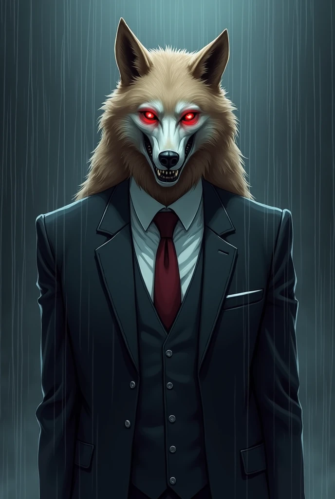 brown fur wolf, with the skull for a face, with red eyes wearing formal suit,  in the night rain 2D anime style
