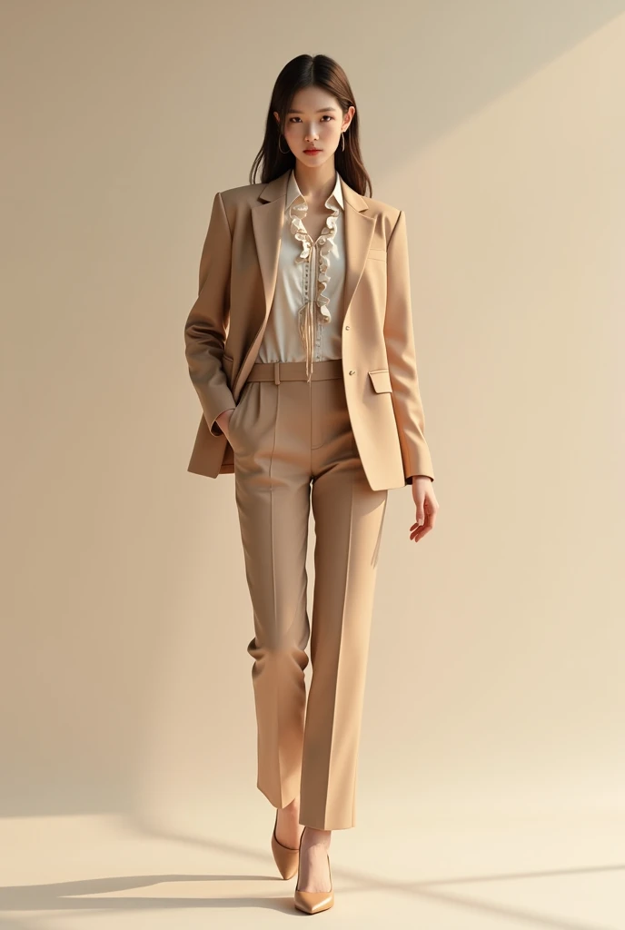 Korean female model wearing blazer, elegant blouse with ruffles, ties, pants and pumps. extremely elegant.  Light bronze tones. 