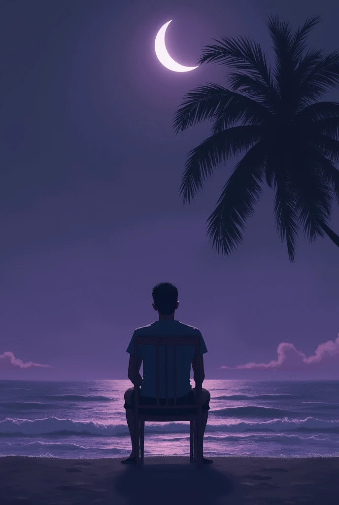 Person in a chair on the beach at purple night with moon, with palm tree 