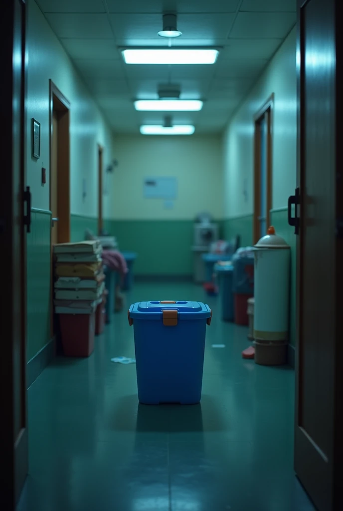 A cover of a mystery movie about a small food carrier, with blue lid, inside a health post and says the phrase “the mystery of the appeared carrier”
