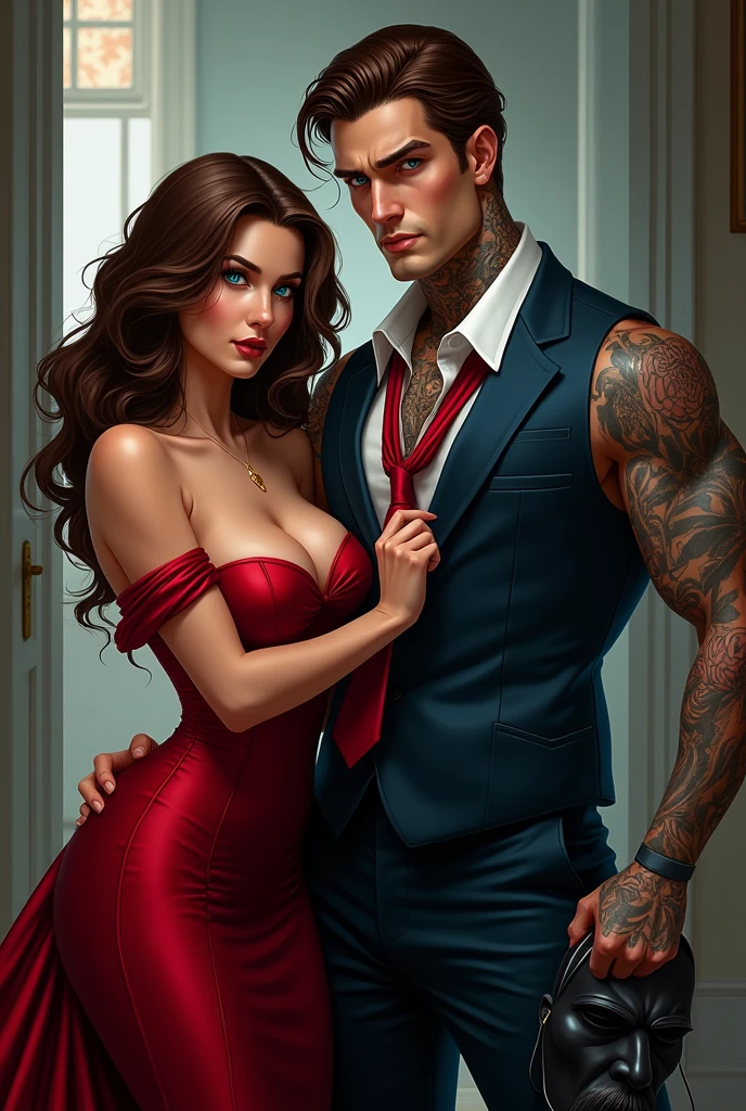 couple. Woman "gorda", breasts in the cleavage, redgown, brown eyes and brown hair, holding by the tie of an elegant and fearless man. strong and big, charming arab blue eyes, hair parted in the middle and long to the ear, black curly hair. Tauados and muscle, stylish dress, the woman holds a mask in her other hand. " I want the strong, tattooed, muscular man. Muscular man behind her. Ela usa um stylish dress longo azul " He is not cute" mafia couple. I want tattoos on the muscular neck of this man who has blue eyes and loose brown hair