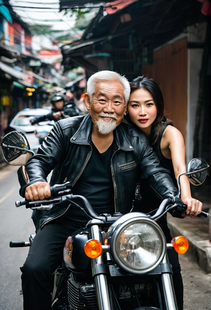 Old Thai Man in Black Jacket and Asian Woman on Motorcycle Model Shot with Sony A 7 III Yee Chong Silverfox Narrow Streets Tomb Raider Beautiful Nicholas Kalmakoff Best Photography of All Time Nomadic Lifestyle Tough Guy Old Man Need for Speed ​​CRT Inspired Maud Naftel Thailand Racing Most Perfect Shot Most Balanced Body Chinatown Atmosphere
