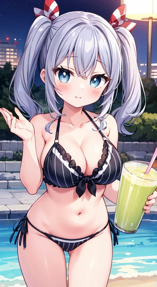 side tie bikinibottom,microbikini,masterpiece, highest quality, (anime screencap:1.3),(shape), cute,(simple:1), (anime:1.2),Solo Sharp Focus, 1 girl, cleavage,looking at the viewer, nighttime pools,Are standing,,,Colorful bikini,pastel colour bikini,beautiful hair,Horizontal stripes,heart shaped pupils,(Holding a Tropicaljuice1.1),cute eyes,puffy eyes,seductive pose,Beaming face,large breasts,Twintail hair,heart shaped sunglasses on head,cheerful,perfecthands,