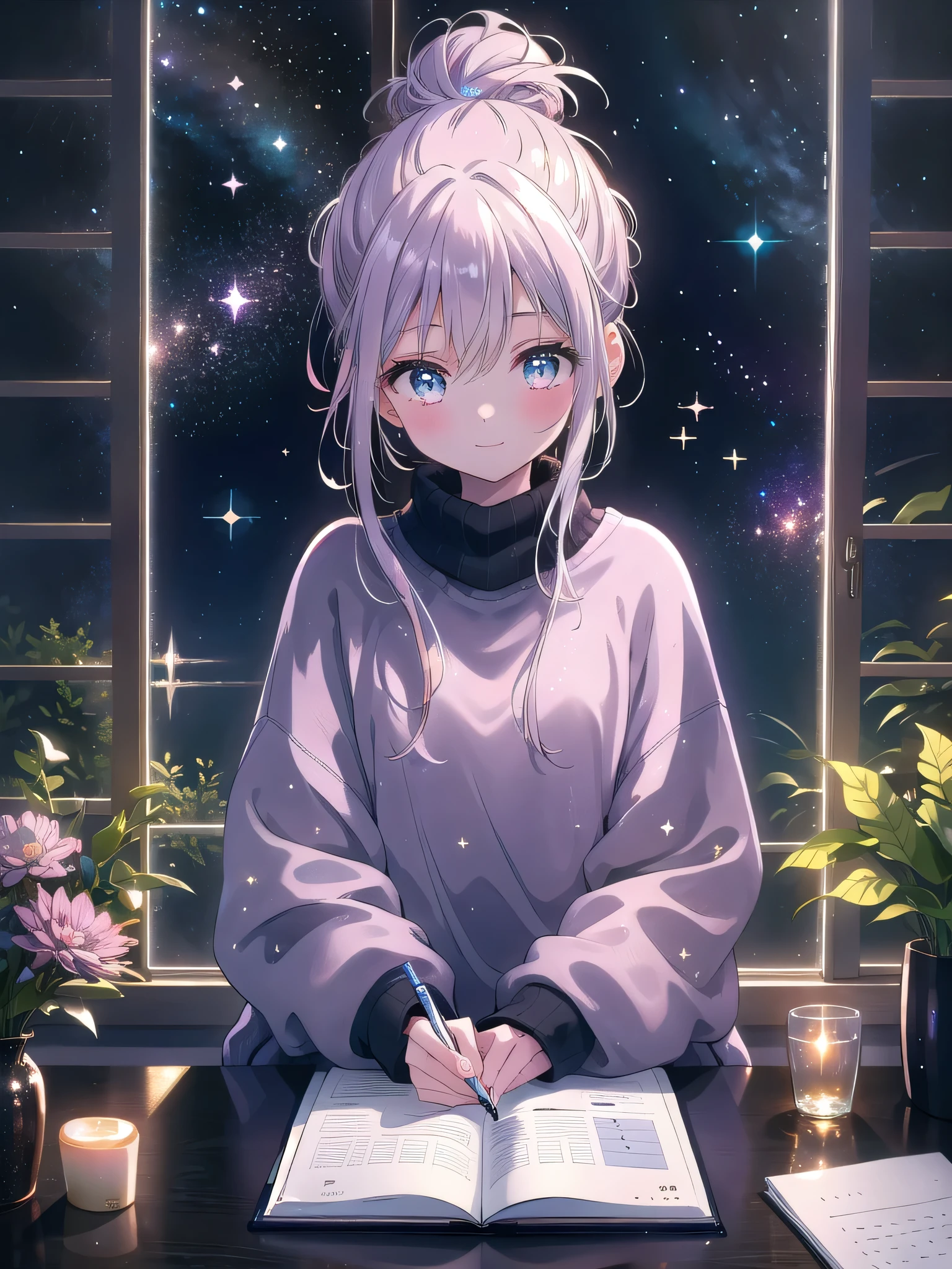 ((8k, Highest quality, masterpiece: 1.3)),Ultra-high resolution,(1 girl, alone), (Color changing eyes, Ultra-detailed, Expressive brilliance, Glitter, Glowing Eyes), Highly detailed eyes, Highly detailed face, Random Hair, ((pastel colour))Writing in Her Planner
The woman is sitting at her small desk, jotting down notes in her planner as she prepares for the next day. She’s dressed in a comfortable, oversized sweatshirt and leggings, her hair tied up in a messy bun. The desk is illuminated by a warm, dimly glowing desk lamp, casting a soft light on her focused expression as she writes. Outside the window beside her, the sky is dark, with stars twinkling against the blackness. She pauses for a moment and looks at the camera with a gentle, thoughtful smile, as if inviting her boyfriend into this quiet, reflective moment. The room is calm and slightly dark, with shadows softly filling the corners, creating a tranquil, intimate atmosphere.