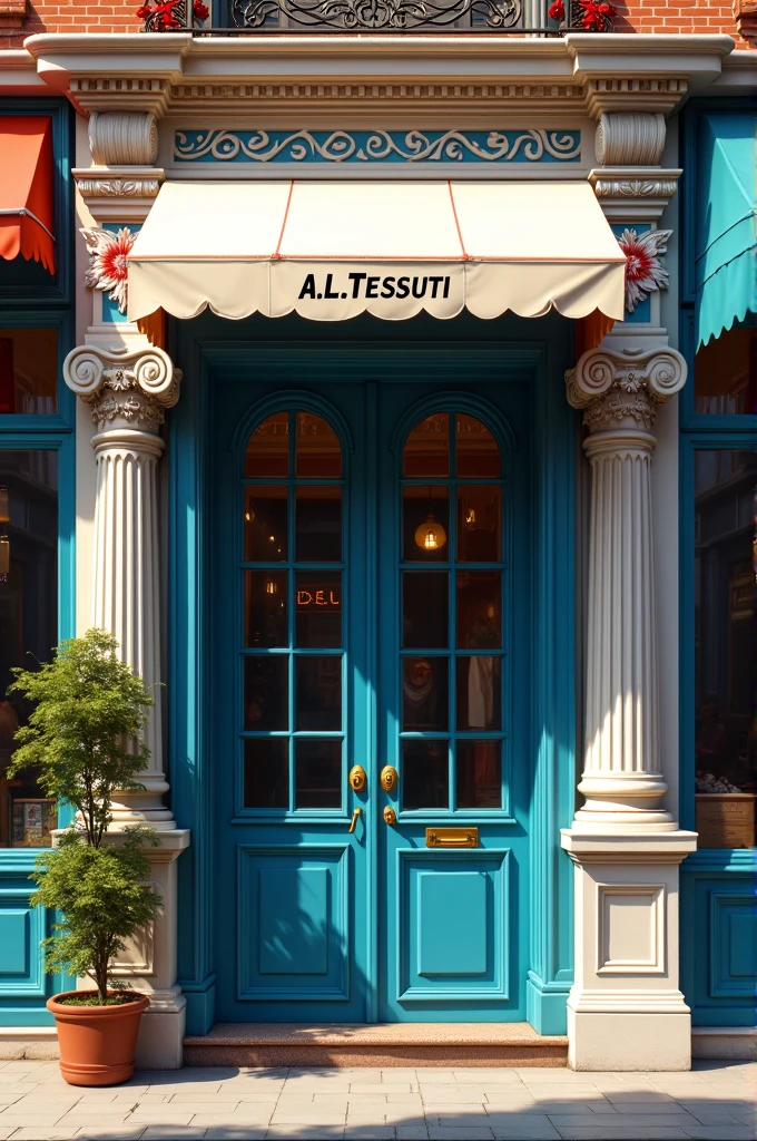 Facade of a men's and women's tailor shop whose name is A.L Tessuti with French doors are dark blue and the white awning has red spider lilies drawn on it. The side pillars have deep arabesques drawn on the white marble and brown bricks that make up the store. Next shop is a simple and even poorly kept hat shop with a plain brown door.
