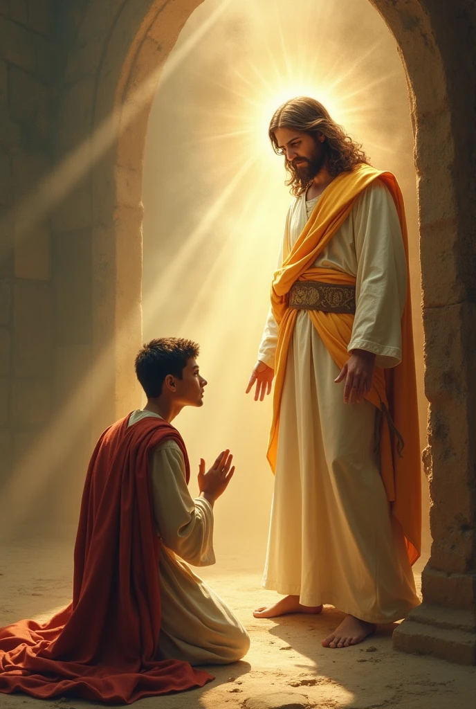 Young man kneeling at the feet of the Merciful Jesus who is pouring out the rays of mercy upon the young man