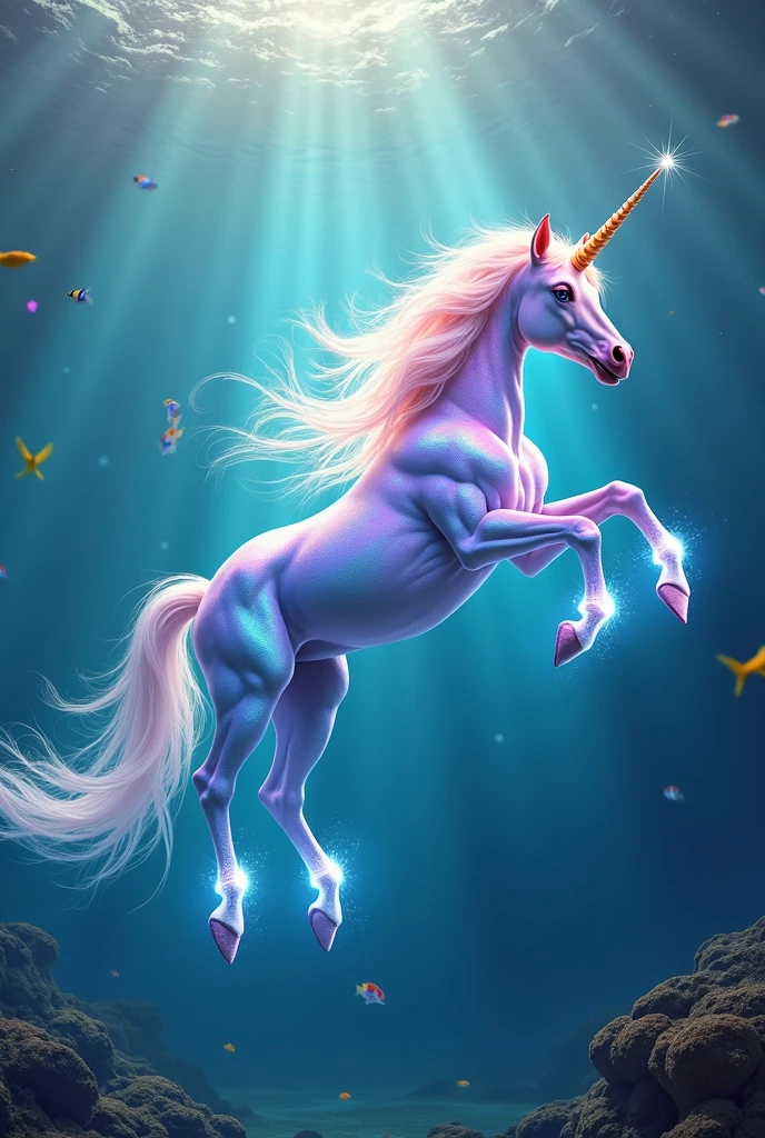 unicorn with colors and flying in the water