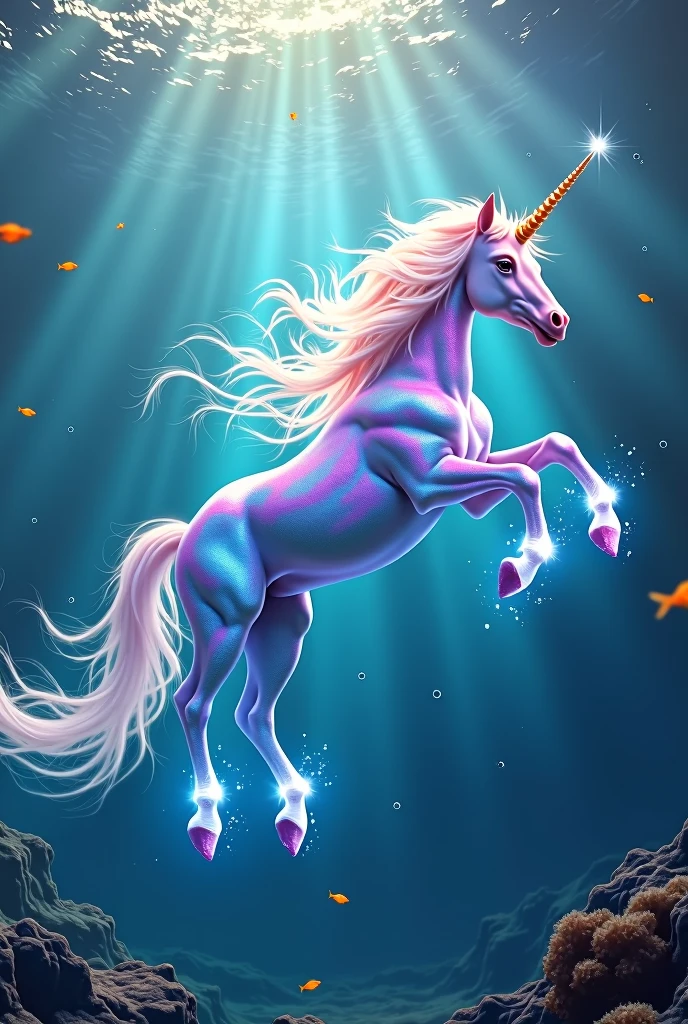 unicorn with colors and flying in the water
