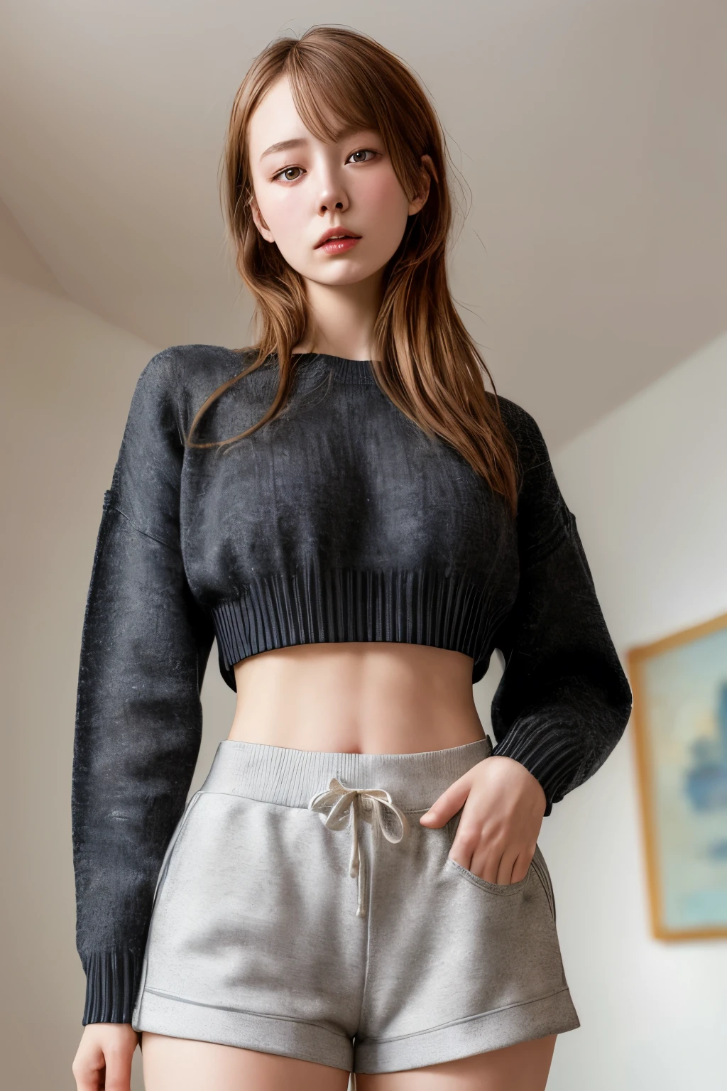 ((best qualityer)), ((work of art)), (detailded), 1 girl, ombro to ombro sweater, russet hair, Sport Shorts, Croptop/underboob, Overview, 8k, rosto detailded, standing