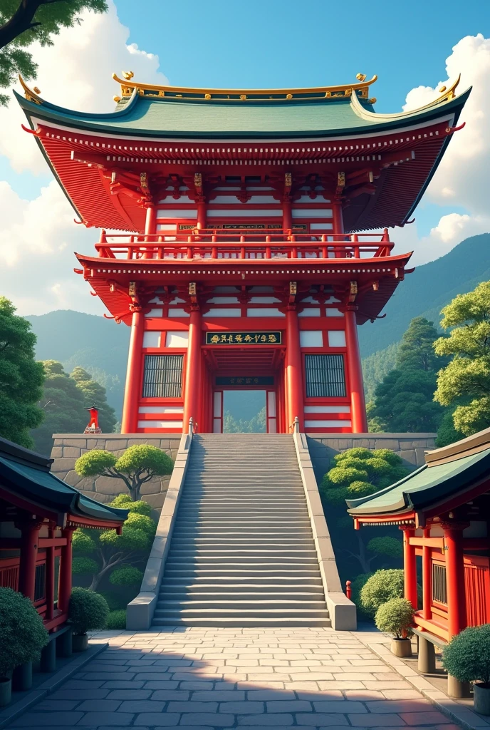 A realistic depiction of the main hall of Fushimi Inari Taisha Shrine in Kyoto。The majestic building、Elaborately decorated in red and white、Curved eaves and gold decorations、Features elements of traditional Japanese architecture。The temple is at the top of the stone steps々The main hall stands、Lush tree々It is surrounded by small shrine buildings.。The bright red color of the main hall、Beautifully in harmony with the surrounding nature。The soft sunlight illuminates the area.、Casting a gentle shadow。