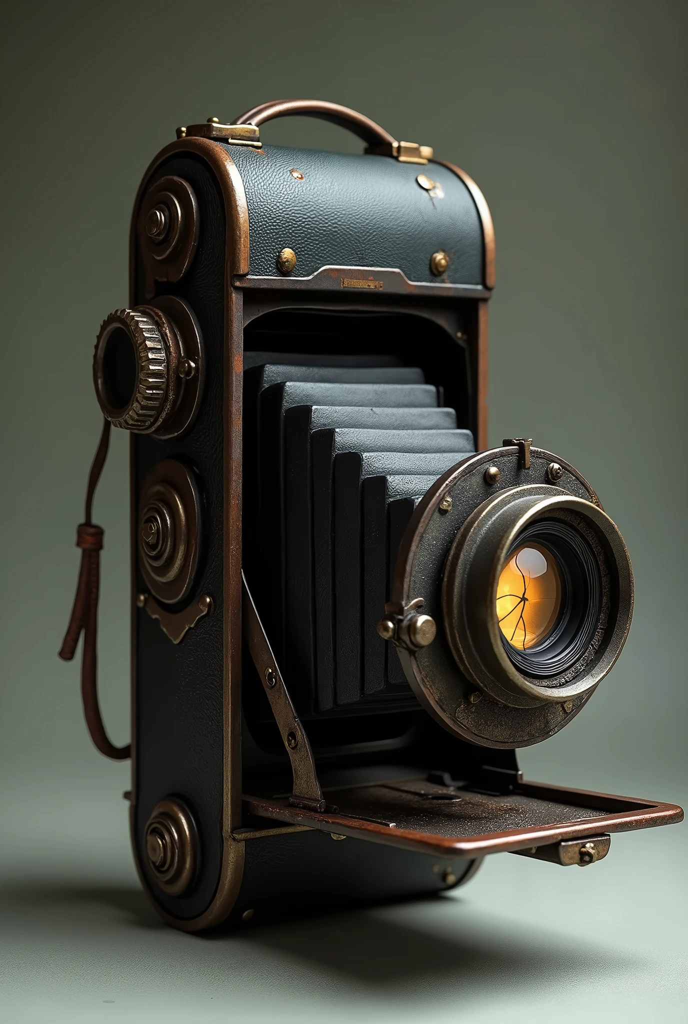 "Create a detailed image of an old, dusty vintage camera with a cracked lens that emits a faint, eerie glow. The camera should have an antique design, with tarnished metal parts and worn leather detailing. The lens, slightly cracked, should show hints of glowing light seeping through the fractures, giving the camera an ominous and mysterious aura. The overall look of the camera should suggest it's something more than just a regular camera—something strange and unsettling.