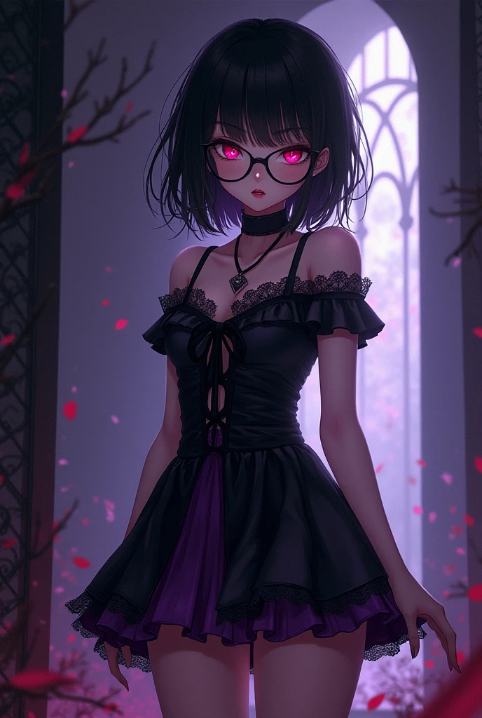 anime, A vampire, witch, Girl, gothic, short black dress, Red eyes, purple and black dress, glasses, upskirt, red pantyhose